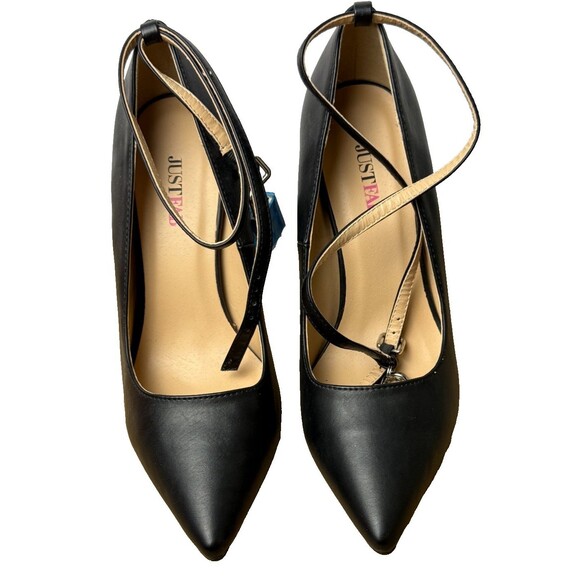 JustFab Jaslene Stiletto Lock Heels 8 New Black Pointed Toe Ankle Strap Shoes - Picture 2 of 8